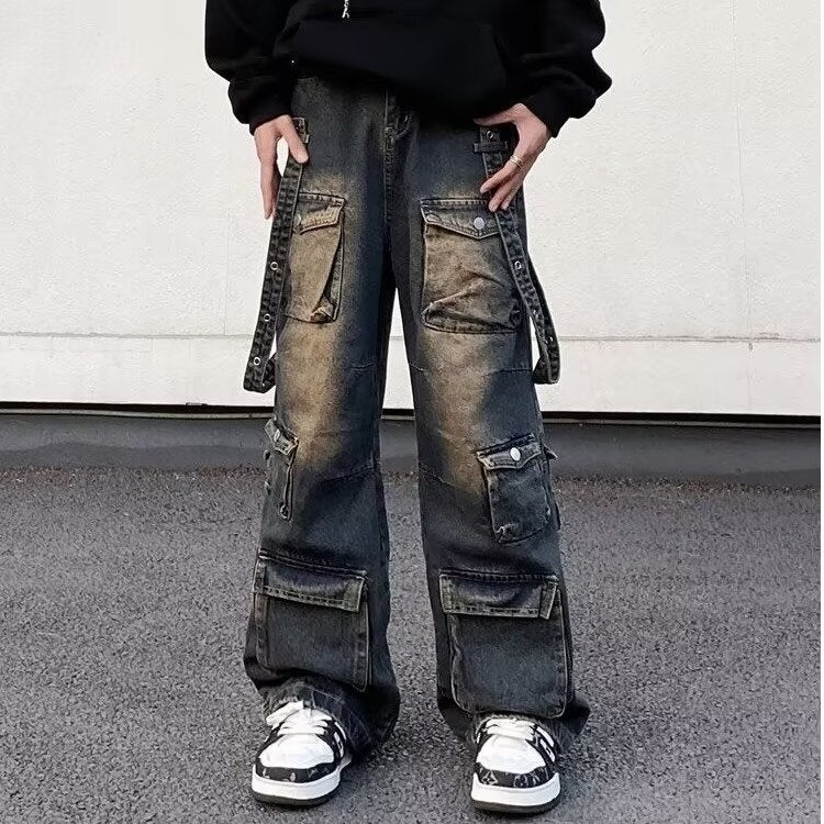 American Style High Street Functional Design Jeans Men'S Niche Lazy Pants Couple'S Trendy Retro Straight Pants - Image 2